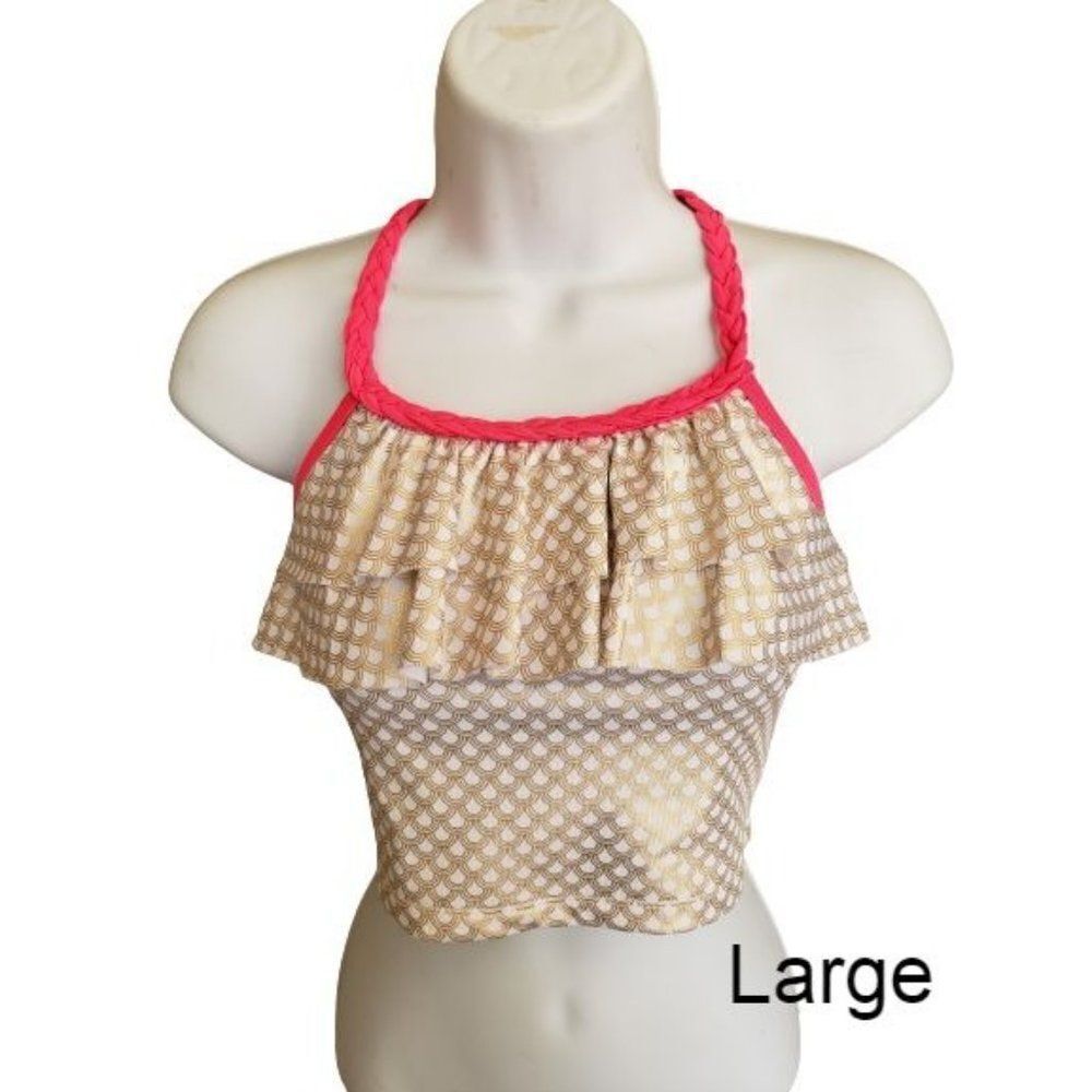 Girls Tankini Criss Cross Halter Ruffle Pink Gold Scallops Swim Top Large NWT